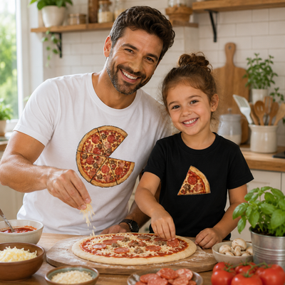 A smiling man and a young girl stand together in a bright kitchen, wearing matching graphic T-shirts with pizza illustrations. The man wears a white shirt with a large cheese-puck design, and the girl wears a black shirt with a single pizza slice design.