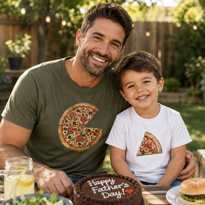 A smiling man and young boy sitting together outdoors at a table, each wearing a pizza-themed graphic T-shirt. The man wears an olive green shirt with a large sliced pizza graphic, and the boy wears a white shirt with a smaller pizza slice graphic.