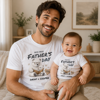 A smiling man and baby wearing matching white graphic T-shirts with a cartoon bear and the text 'Our First Father's Day' and 'Daddy + Cooper' in a cozy living room setting.