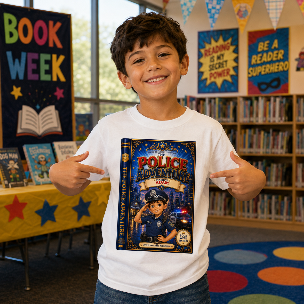 A smiling young boy in a bookstore points at a white T-shirt featuring a large graphic of a police officer book cover titled 'The Police Adventure: Alex'. The background shows bookshelves, colorful 'Book Week' decorations, and reading-themed signs.