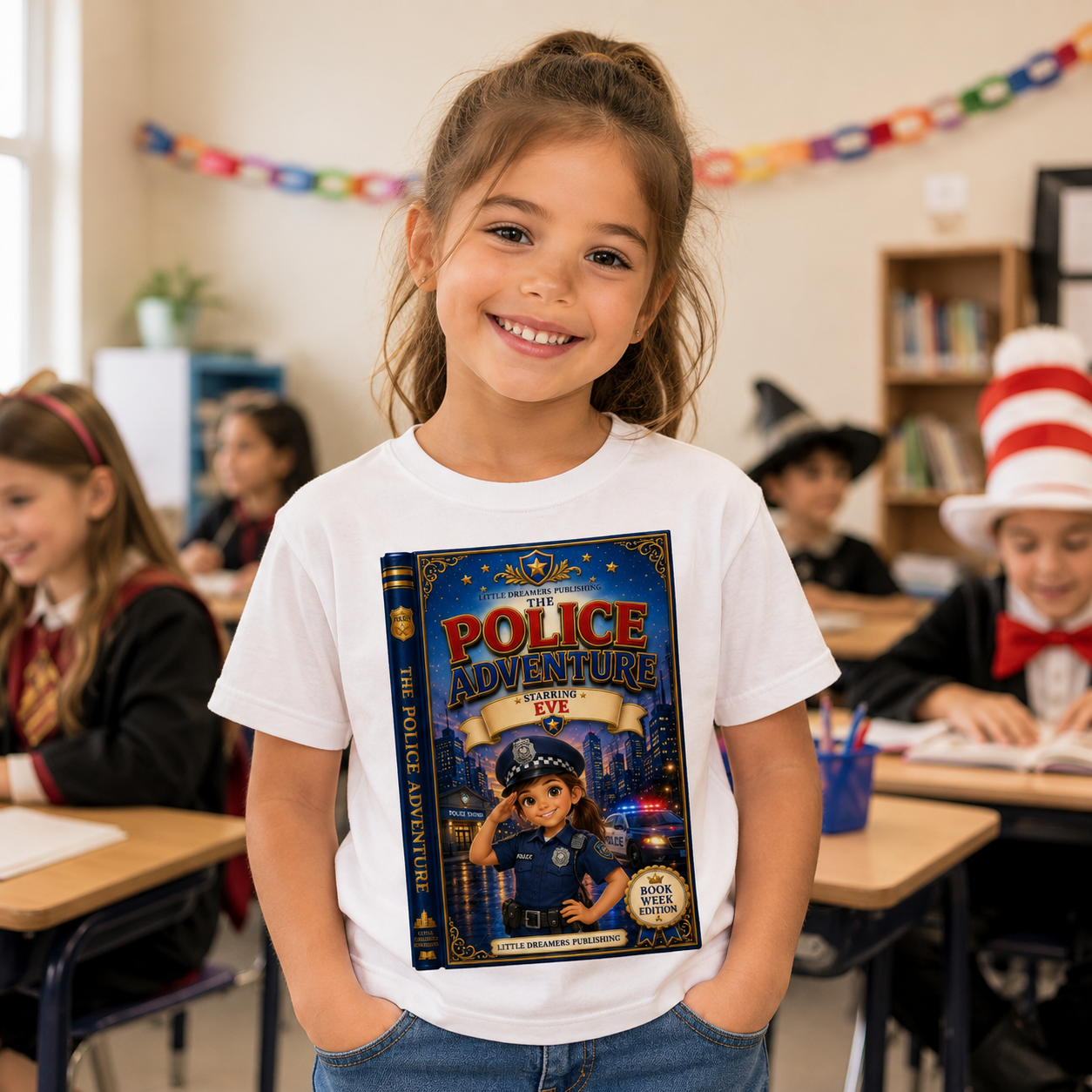 A young girl smiling in a classroom while wearing a white t-shirt with a large graphic print of a children's book titled 'Police Adventure 26'.