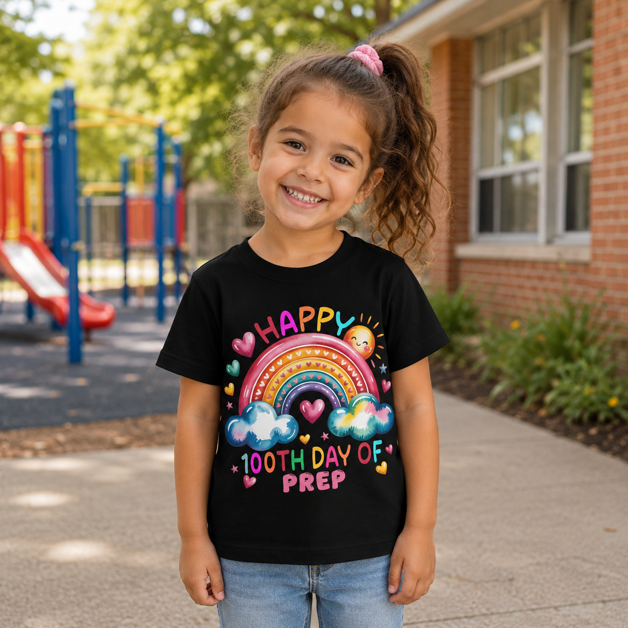 A young girl with curly brown hair in a ponytail stands outdoors in front of a brick building and playground, wearing a black graphic T-shirt that reads 'HAPPY 100TH DAY OF PREP' with a colorful rainbow, clouds, and hearts.