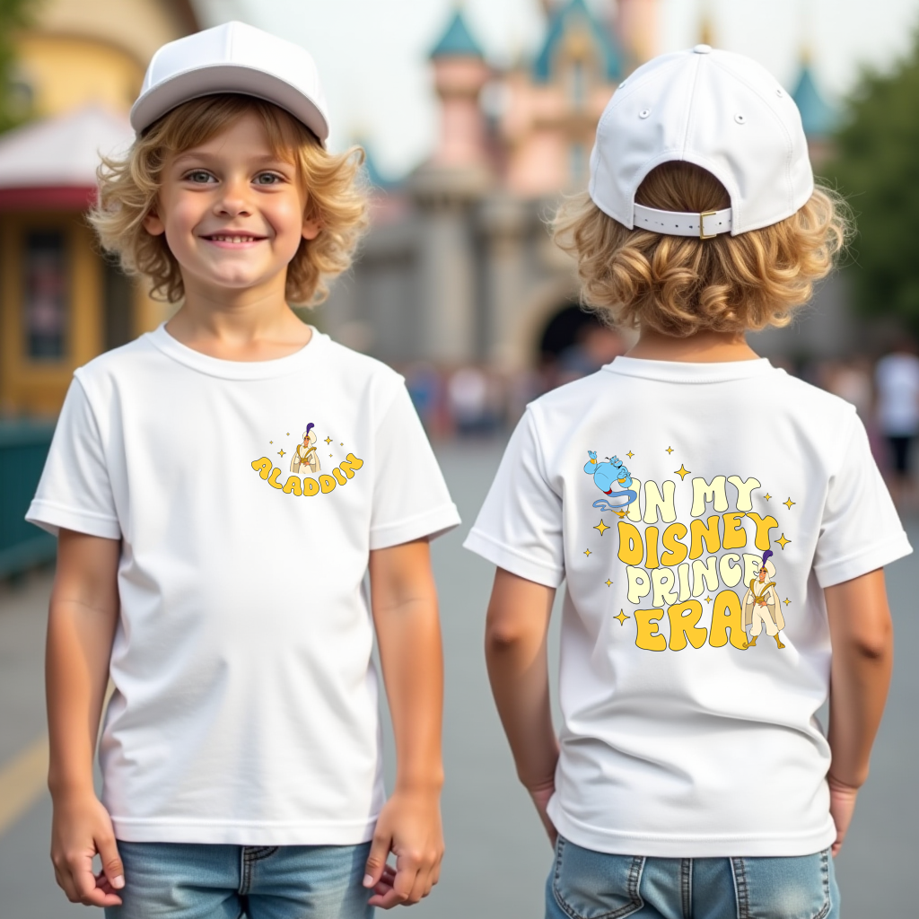 Model wearing In My Prince Aladdin Era t-shirt with casual jeans, outdoors