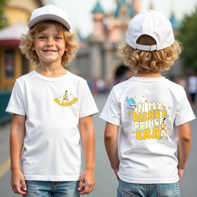 Model wearing In My Prince Aladdin Era t-shirt with casual jeans, outdoors
