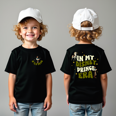 Model wearing In My Prince Flynn Era t-shirt in a casual outdoor setting
