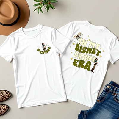 In My Prince Flynn Era Disney-inspired t-shirt displayed flat on white background