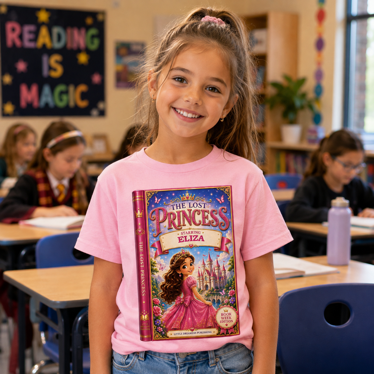 A young girl smiling in a classroom while wearing a pink t-shirt with a large graphic print of the book cover for 'The Lost Princess Eliza'.