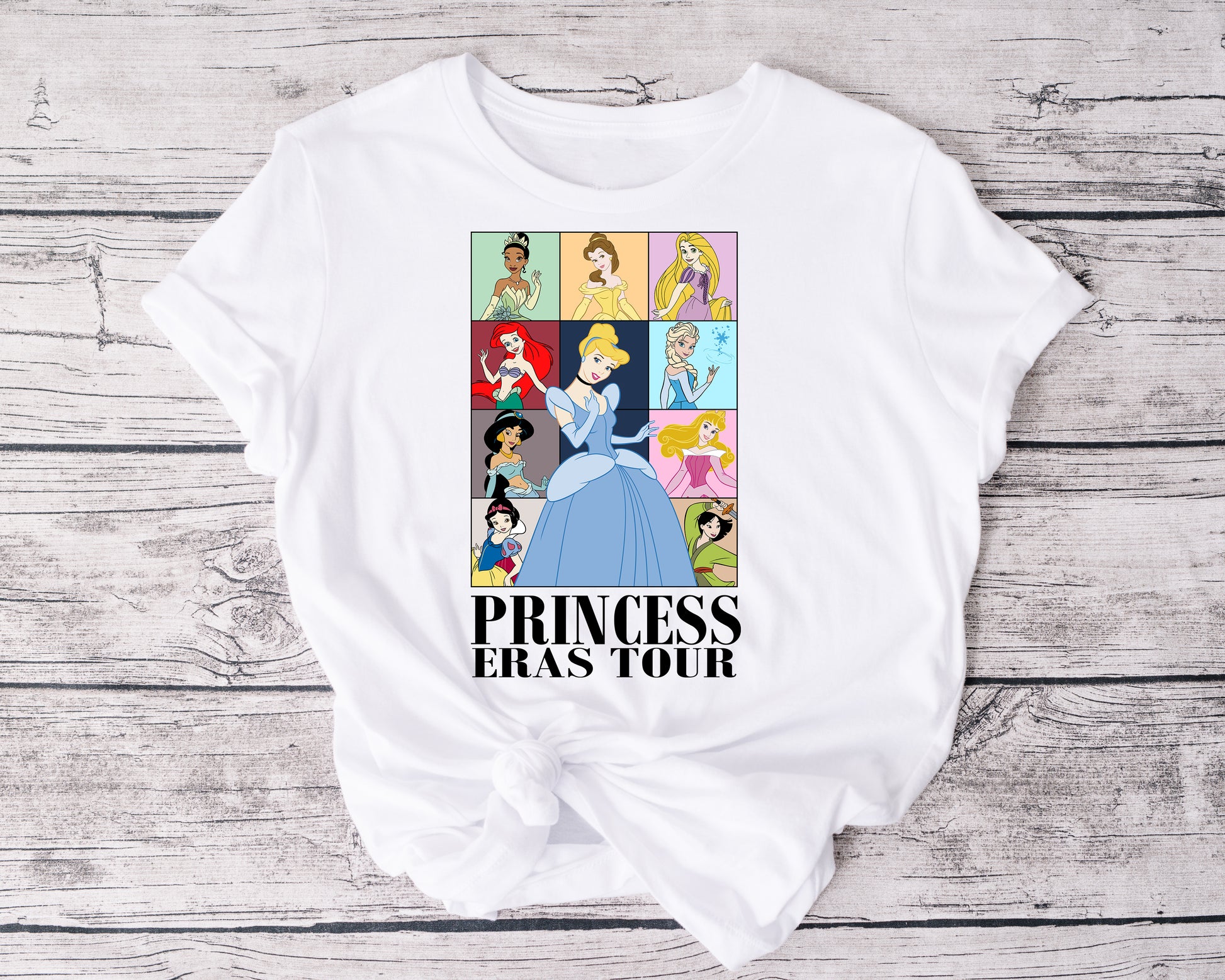 Fairytale Princess Eras Tour tshirt flat lay – classic Disney princess design