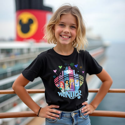 Young girl wearing a black t-shirt with a colorful graphic design, standing on a pier with a disney cruise ship in the background.