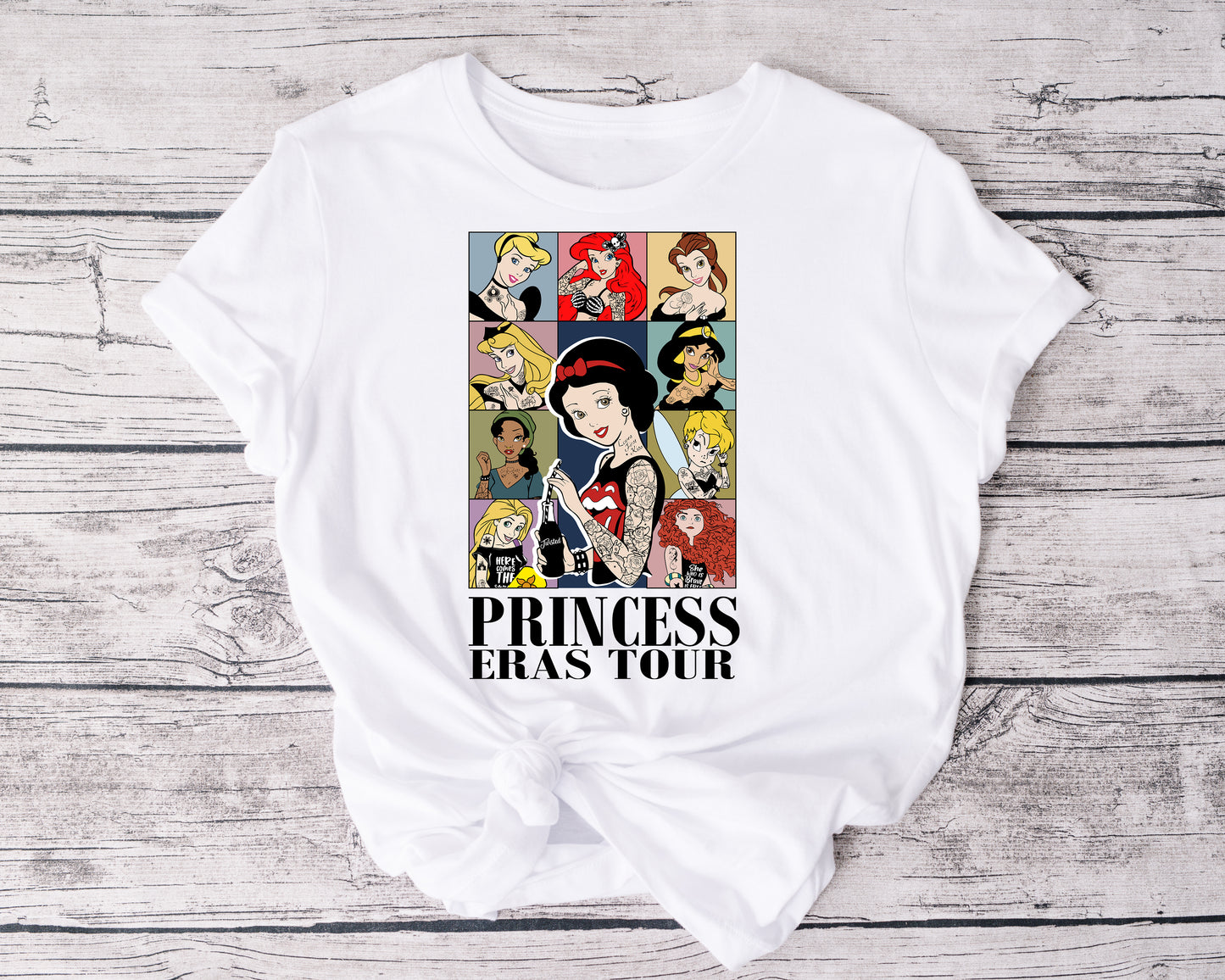 Rebel Princess Eras Tour Tshirt flat lay – tattooed Disney-inspired princesses design