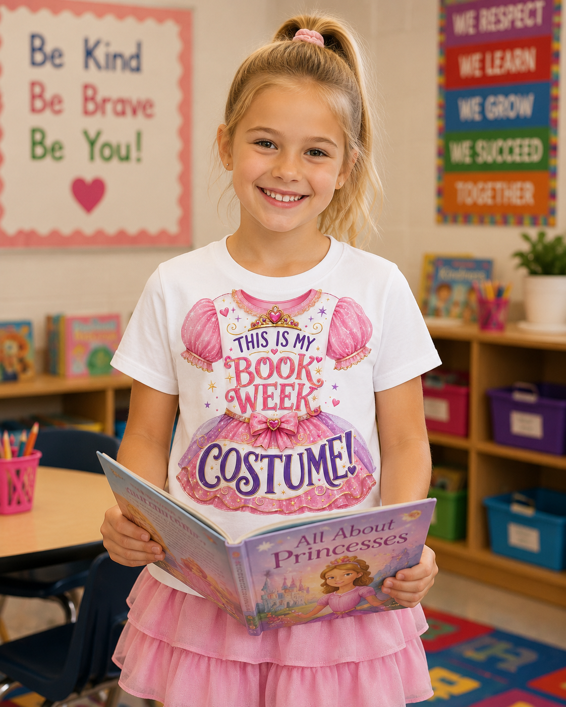A young girl with blonde hair in a ponytail stands in a classroom holding a book, wearing a white graphic T-shirt that says 'THIS IS MY BOOK WEEK COSTUME!' with a pink princess dress illustration, and a pink tutu skirt.