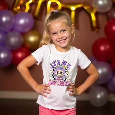 Labubu-inspired t-shirt in “Berry Bash” colour theme, perfect for kids' birthdays and character lovers.