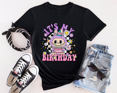 Berry Bash Labubu birthday party t-shirt featuring monster character design with balloon and gift details.