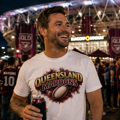 Man wearing a Queensland Maroons t-shirt at a sports event with a stadium in the background.