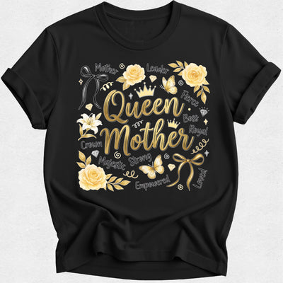Black t-shirt with gold and yellow 'Queen Mother' design on a white background