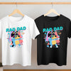Close-up of Rad Dad Bluey inspired t-shirt design on hanging shirts
