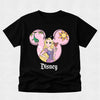 Black t-shirt with Disney character design on a light gray background