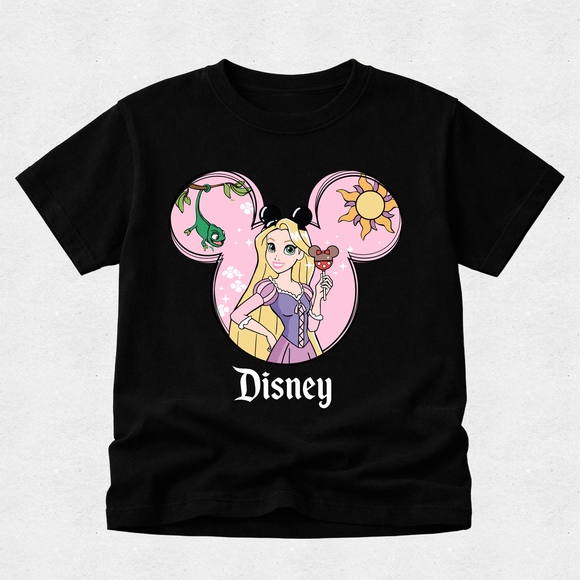 Black t-shirt with Disney character design on a light gray background