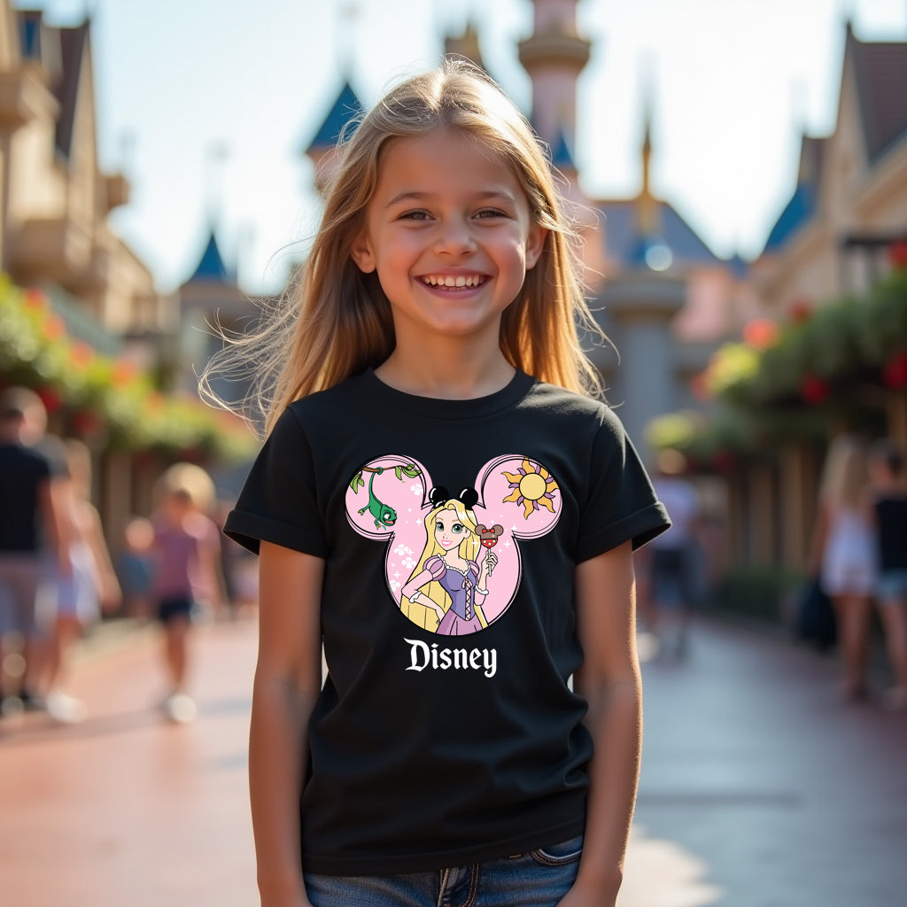 Young girl wearing a black Disney t-shirt with a character design in front of a blurred theme park background.