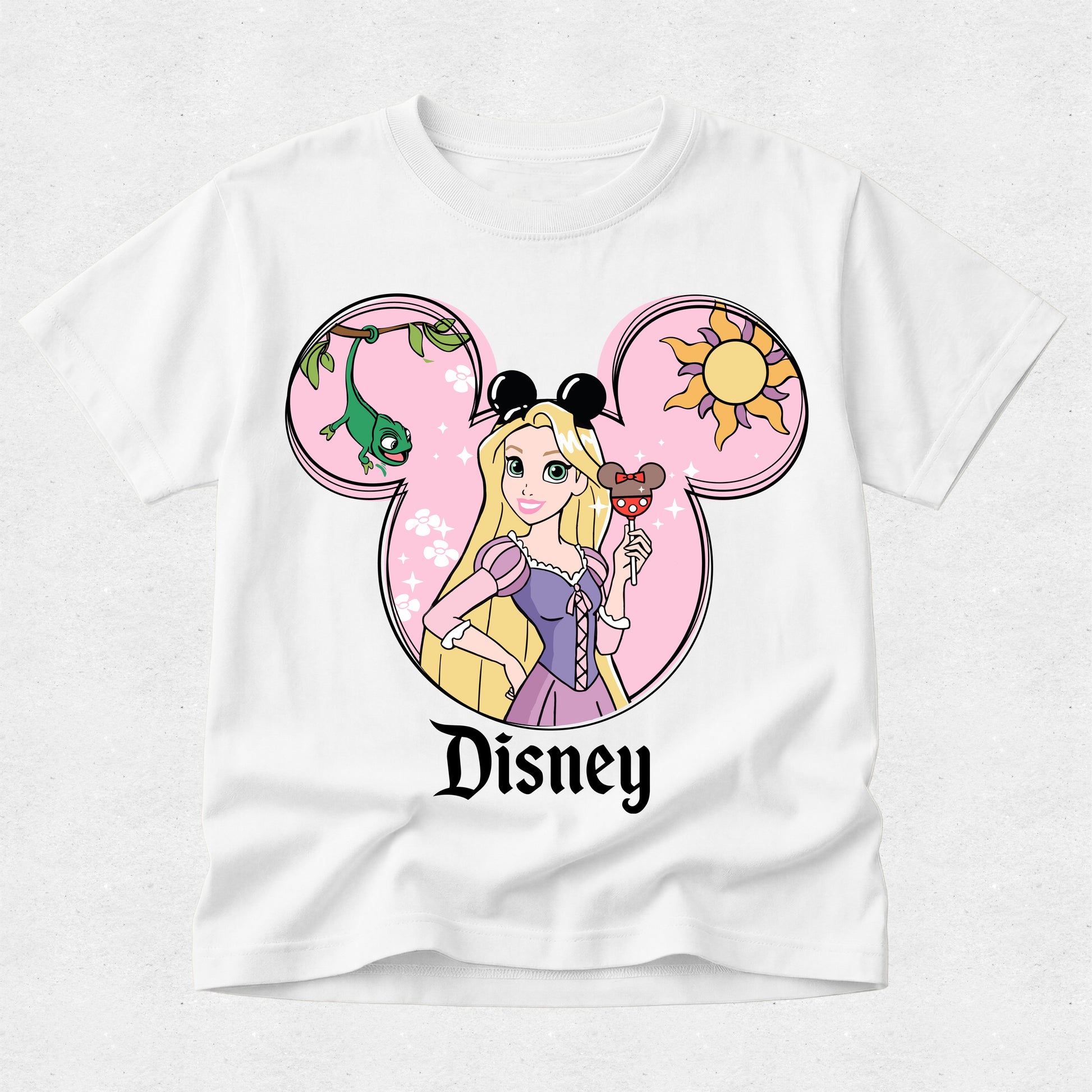 White t-shirt with Disney character design featuring Rapunzel and Mickey Mouse ears on a white background