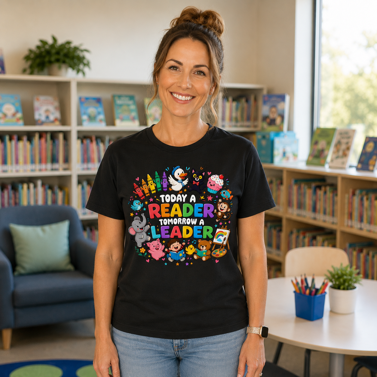 A woman stands in a library wearing a black graphic t-shirt that reads 'TODAY A READER TOMORROW A LEADER' surrounded by colorful cartoon characters. The background shows bookshelves filled with books.