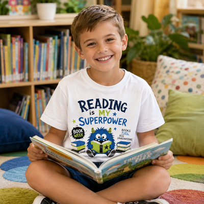 A young boy sitting cross-legged on a colorful rug in a cozy room, holding an open book and wearing a white graphic t-shirt that reads 'READING is MY SUPERPOWER' with a blue monster illustration.