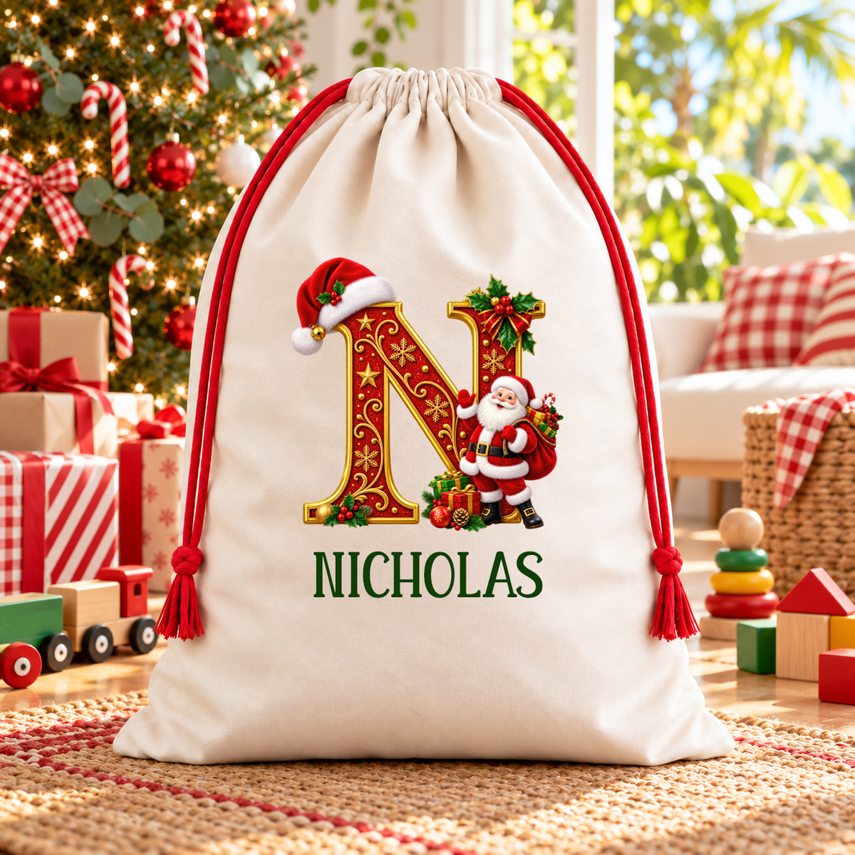 Personalised Christmas Initial Santa Sack – Red Santa Presents