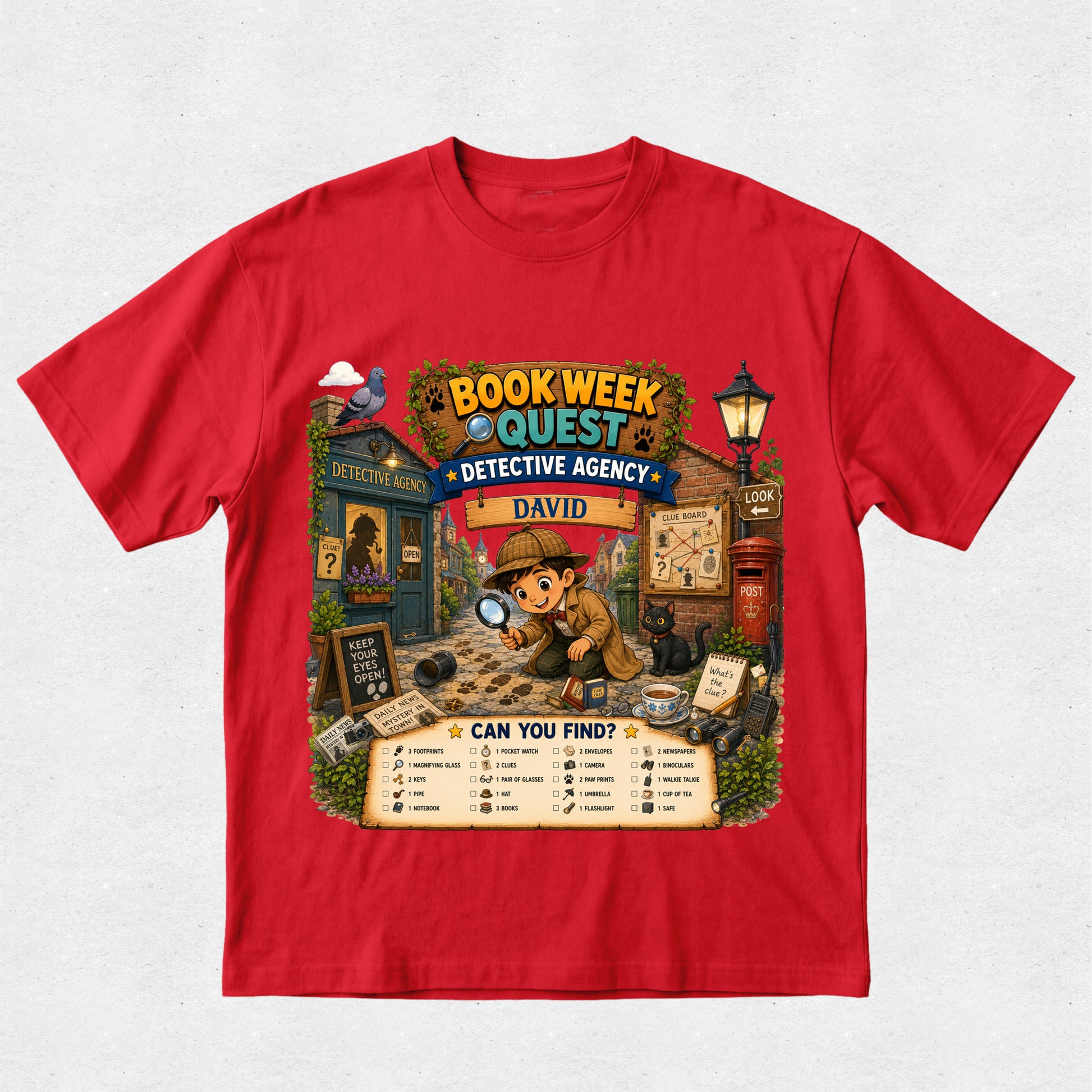 A red short-sleeve crewneck t-shirt with a large, colorful graphic print on the front. The graphic depicts a detective character in a hat and magnifying glass next to a 'Detective Agency' sign, with 'Book Week Detective Agency David' written at the top and a 'Can You Find?' checklist at the bottom.