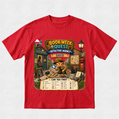 A red short-sleeve crewneck t-shirt with a large, colorful graphic print on the front. The graphic depicts a detective character in a hat and magnifying glass next to a 'Detective Agency' sign, with 'Book Week Detective Agency David' written at the top and a 'Can You Find?' checklist at the bottom.