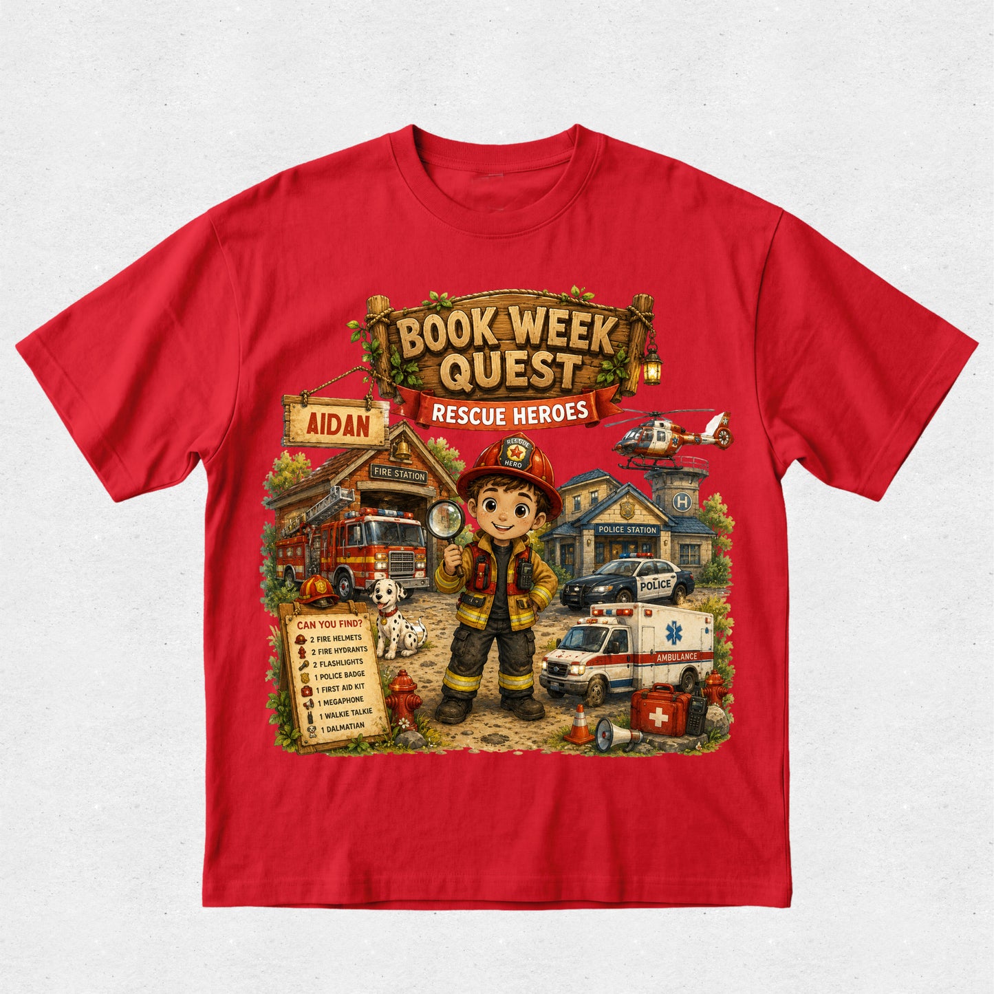 A red short-sleeve crewneck t-shirt featuring a large, colorful graphic print on the front. The graphic is themed around a children's book series titled 'Book Week Quest: Rescue Heroes' and depicts an illustration of a young boy in a firefighter helmet, a Dalmatian, ambulances, a fire station, and a doghouse.