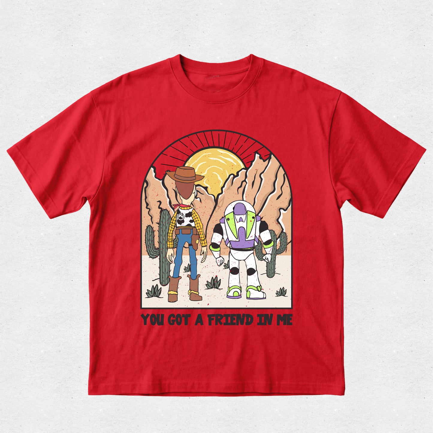 Red t-shirt with cartoon characters and 'You got a friend in me' text on a white background