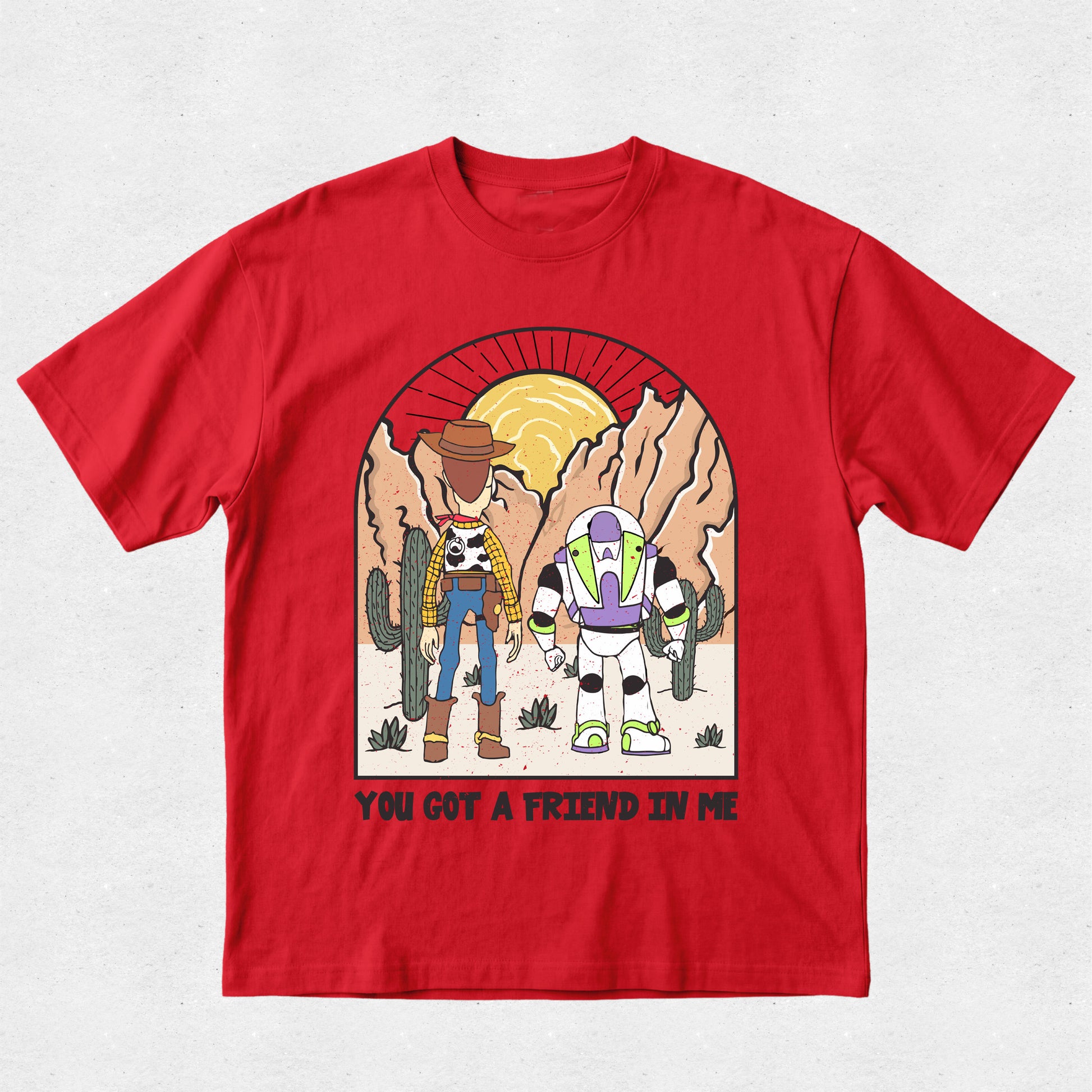 Red t-shirt with cartoon characters and 'You got a friend in me' text on a white background