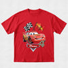 Red t-shirt with a cartoon car design featuring checkered flags and racing number on a white background