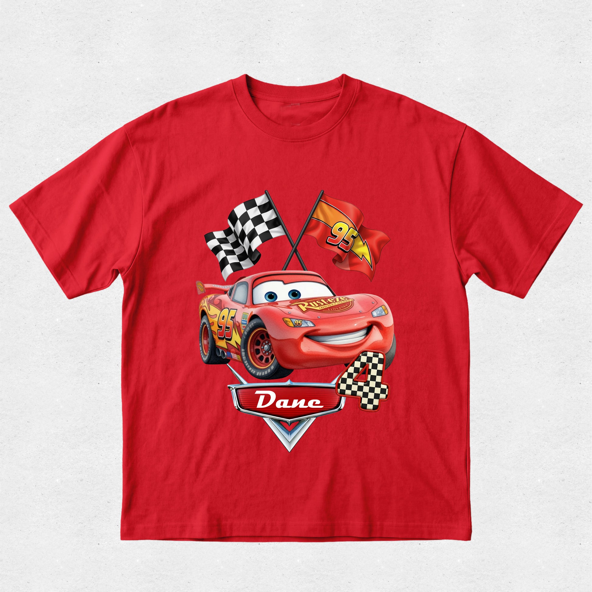 Red t-shirt with a cartoon car design featuring checkered flags and racing number on a white background