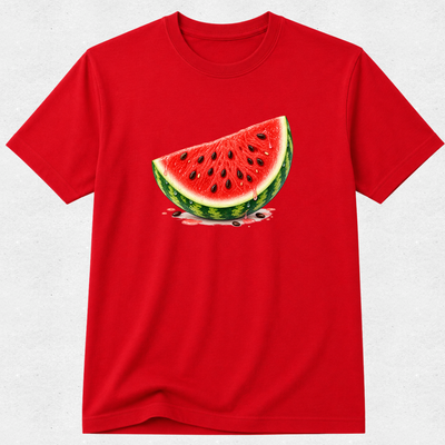 A bright red short-sleeve crewneck t-shirt featuring a detailed graphic of a watermelon slice on the chest, set against a light gray textured background.