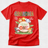 Red t-shirt with animal-themed design and text on a white background