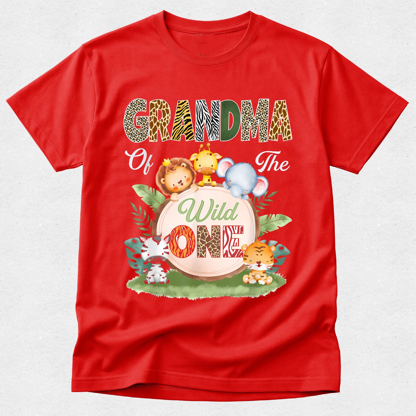 Red t-shirt with animal-themed design and text on a white background