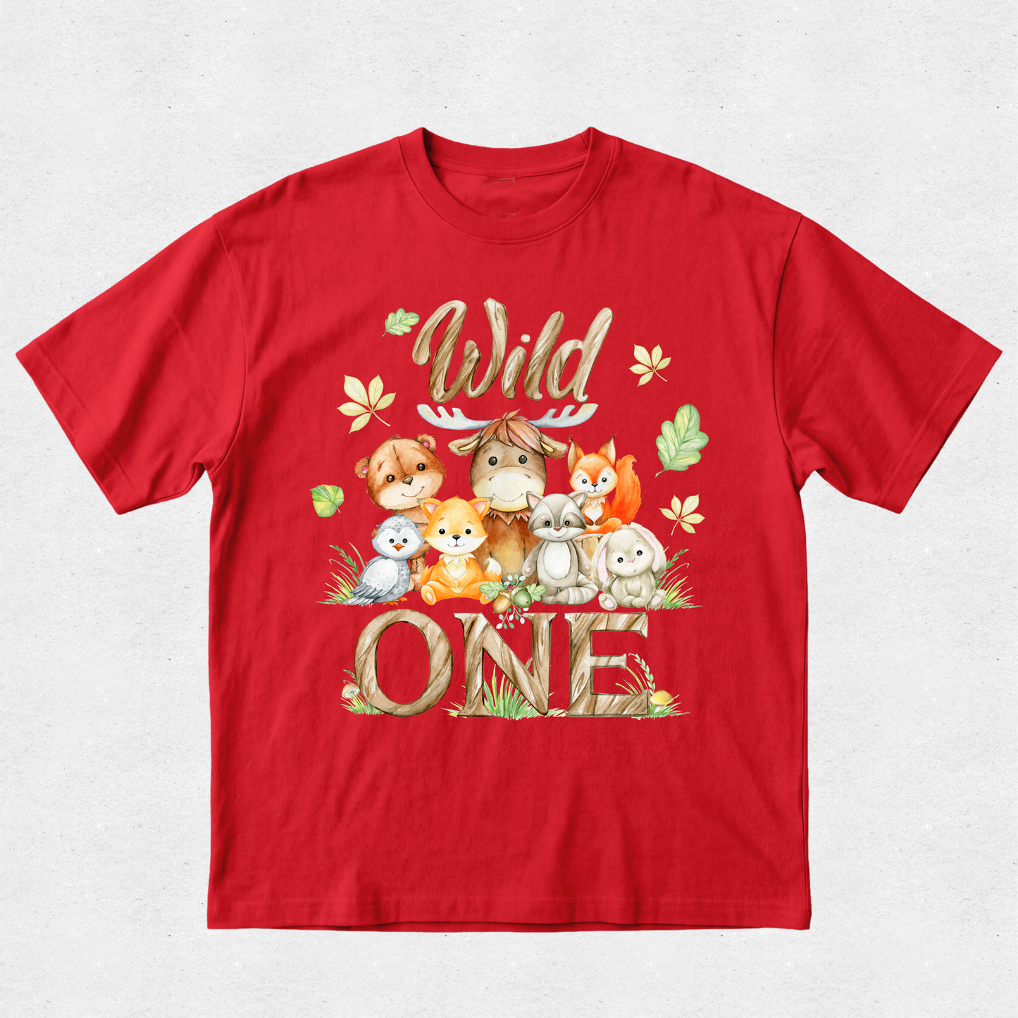 Red t-shirt with cartoon animals and 'Wild One' text on a white background