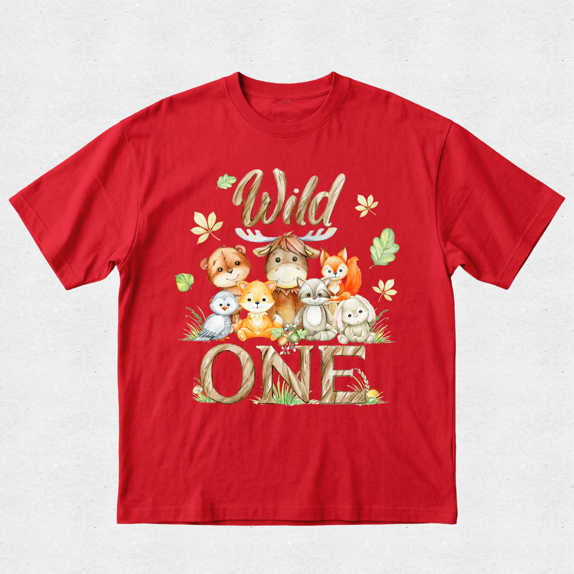 Red t-shirt with cartoon animals and 'Wild One' text on a white background