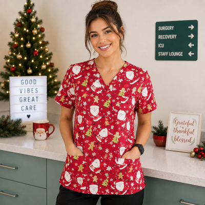 Person wearing a red Christmas-themed scrub top in a medical setting with festive decorations.