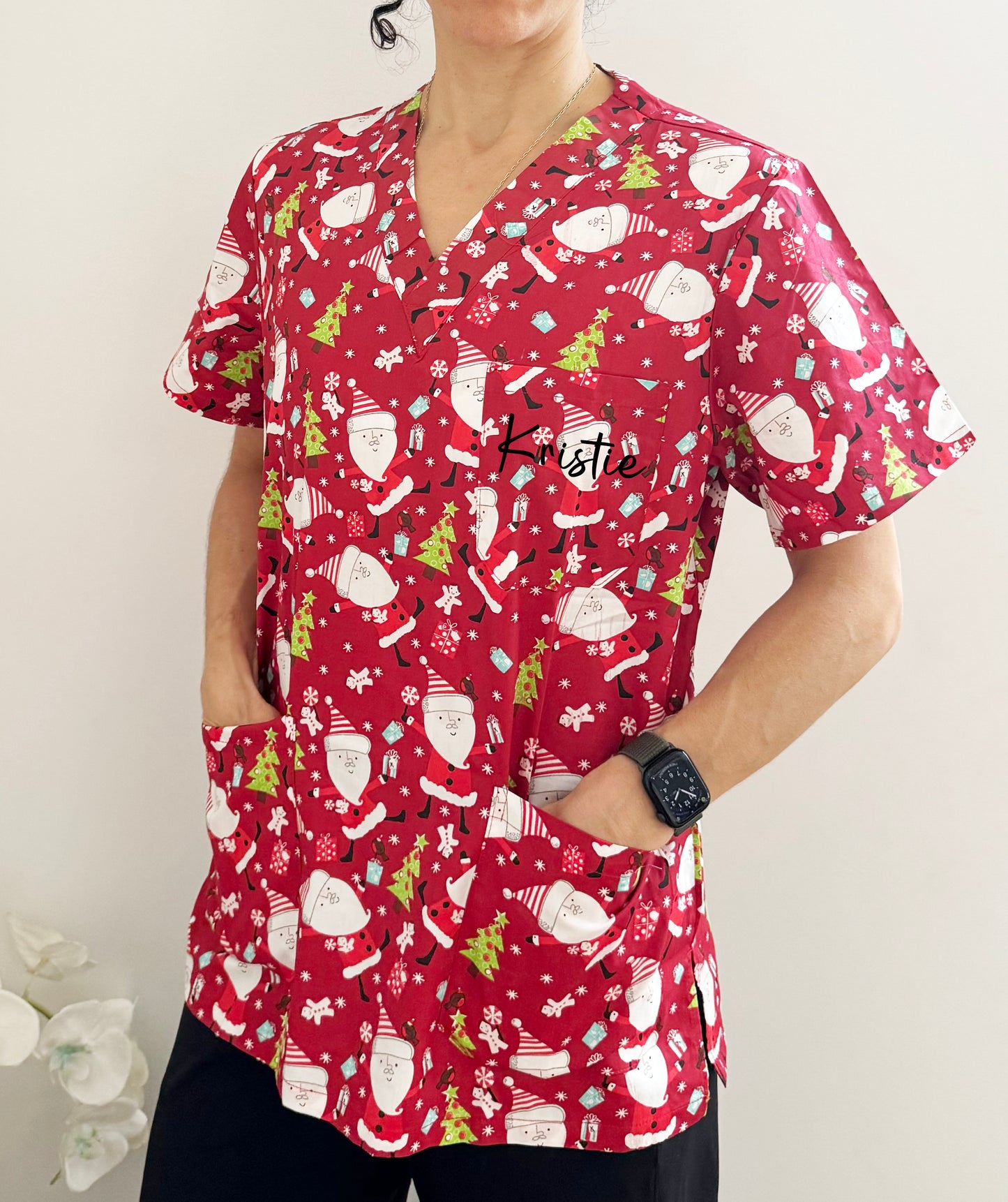 Christmas Unisex Printed Scrubs - Red Santa