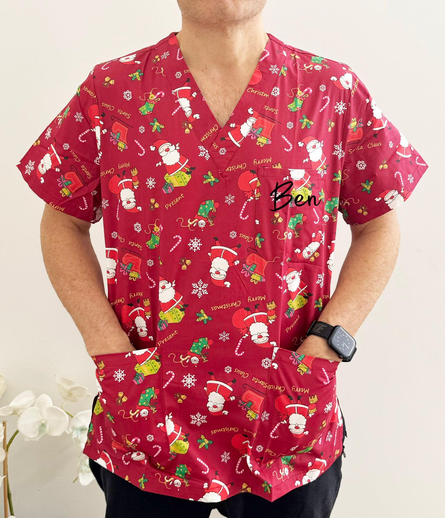 Christmas Unisex Printed Scrubs - Red Santa Claus