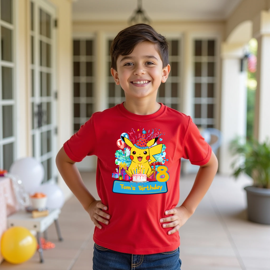 Child wearing a red t-shirt with a birthday design, standing in a home setting.