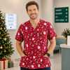 Man wearing a festive red scrub top with Christmas patterns in a hospital setting.