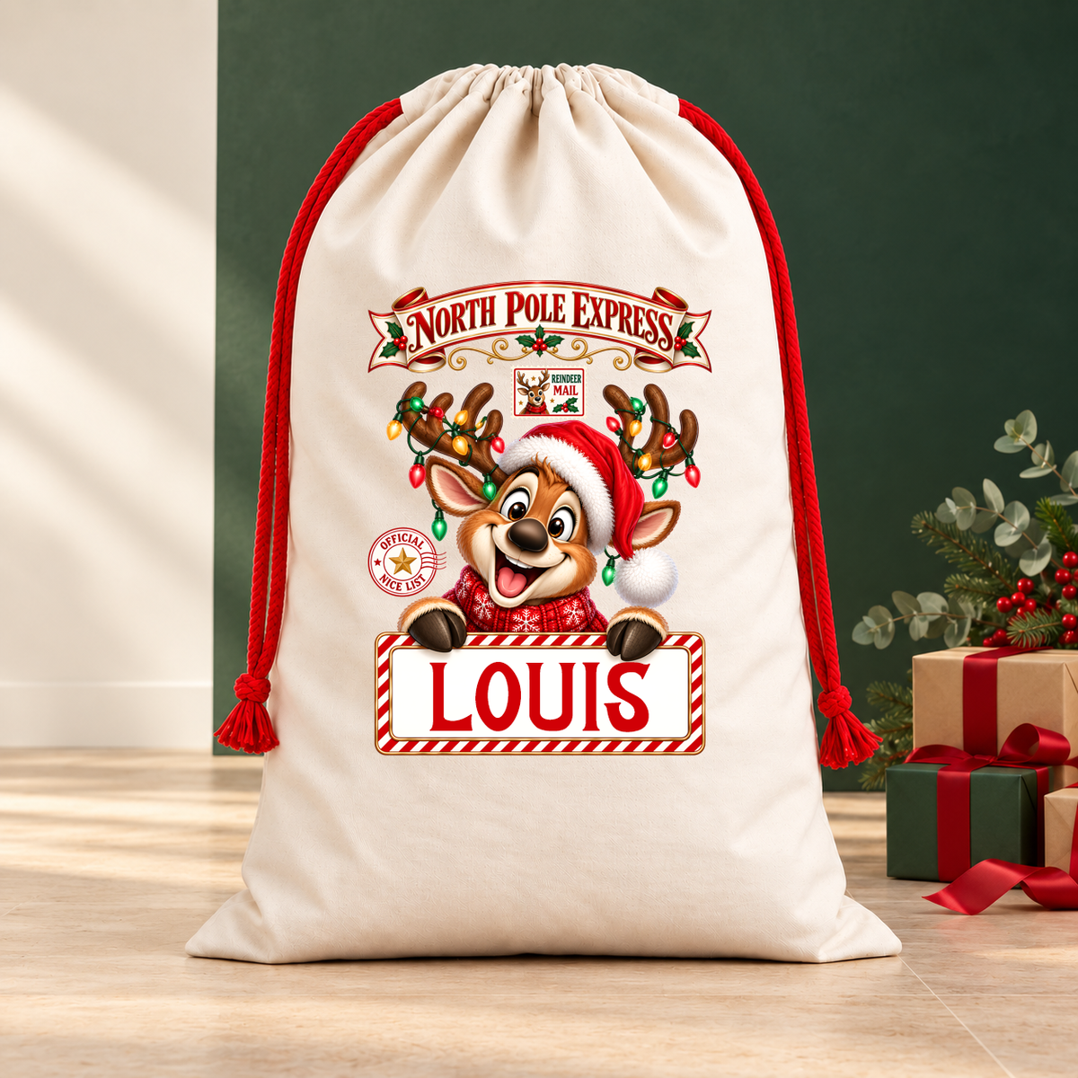 Personalised Christmas Santa Sack – North Pole Express - Reindeer