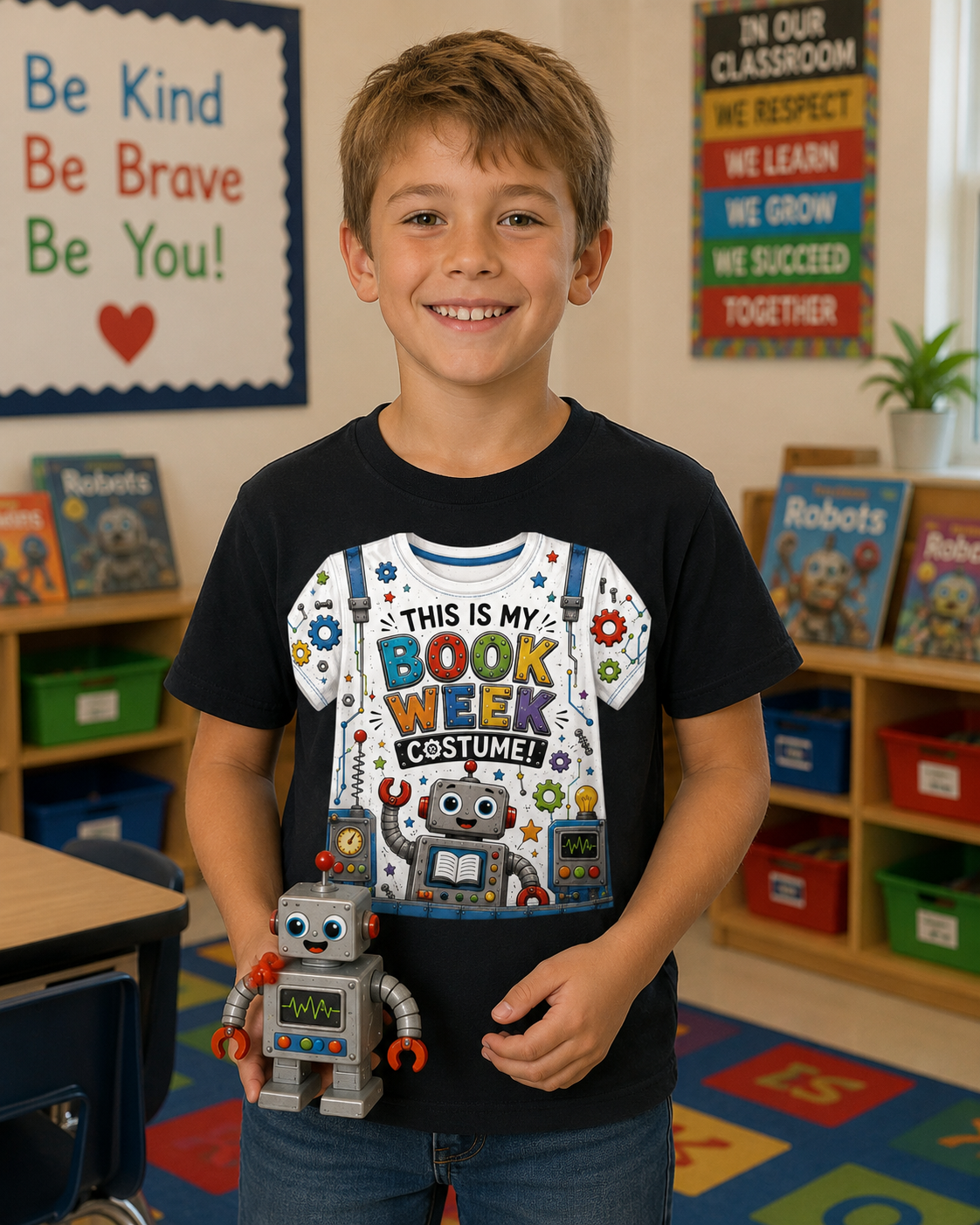 A young boy smiling in a classroom while wearing a black graphic t-shirt that reads 'THIS IS MY BOOK WEE costume!'. He is holding a small robot toy.