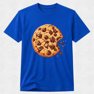 A royal blue short-sleeve crewneck t-shirt featuring a large graphic print of a chocolate chip cookie with a bite taken out, displayed on a light gray textured background.