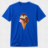 A royal blue short-sleeve crewneck t-shirt featuring a graphic print of a waffle cone filled with three ice cream scoops (pink, vanilla, and chocolate) topped with chocolate drizzle, displayed on a light gray textured background.