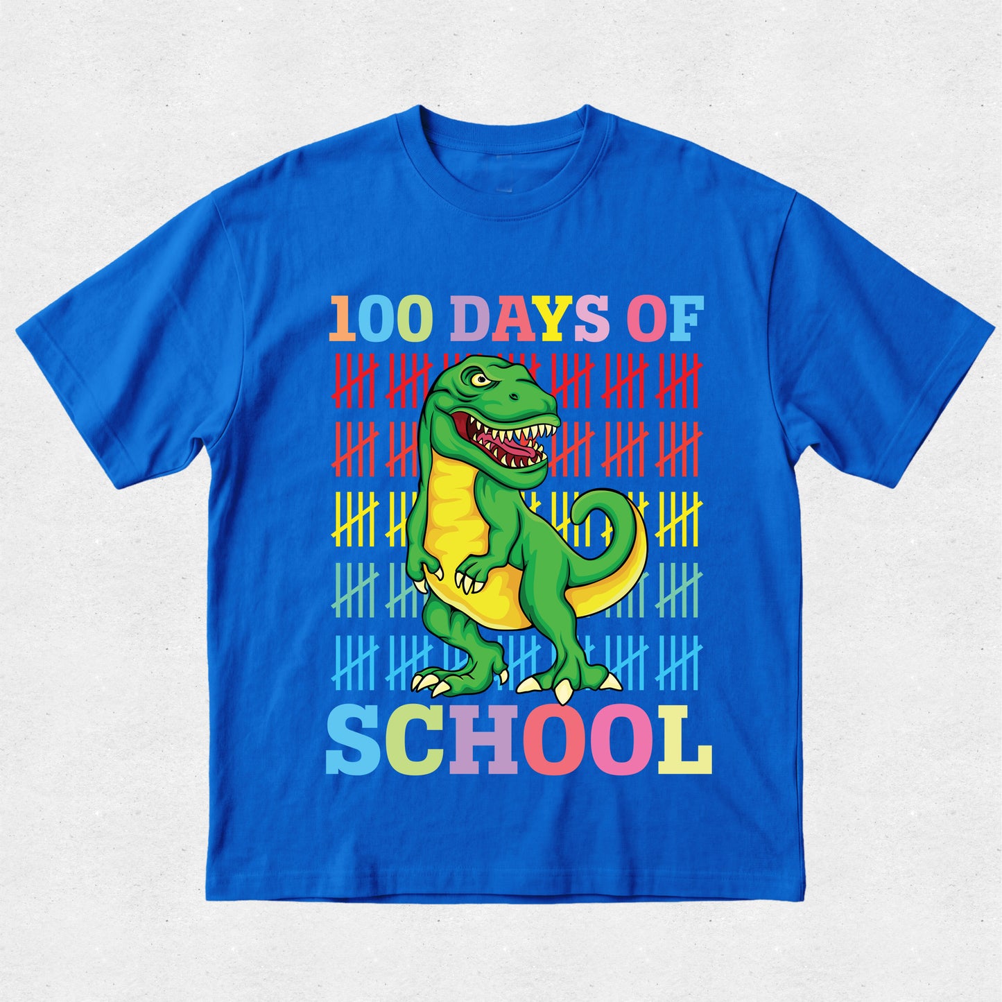 Blue t-shirt with a dinosaur graphic and '100 Days of School' text on a light gray background