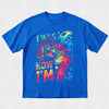 Blue t-shirt with colorful graphic design on a light gray background